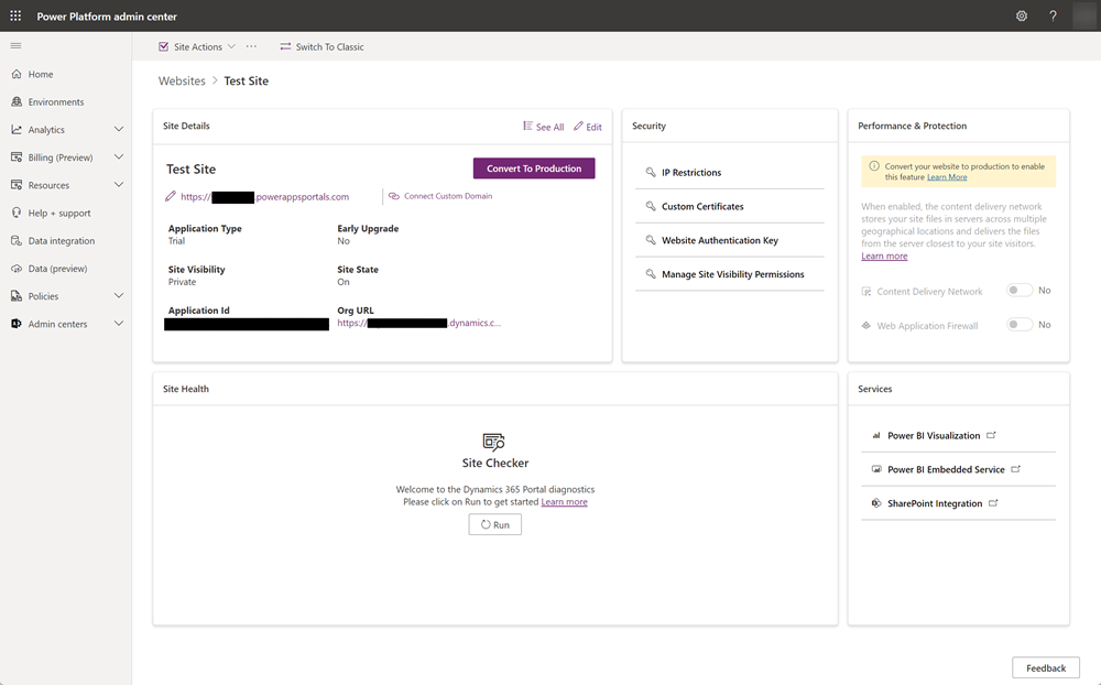 Interfaccia di amministrazione di Power Platform.