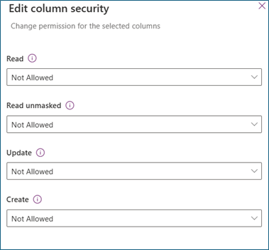Screenshot che mostra il riquadro di sicurezza Modifica colonna, in cui è possibile impostare le autorizzazioni per gli utenti o i gruppi Teams.