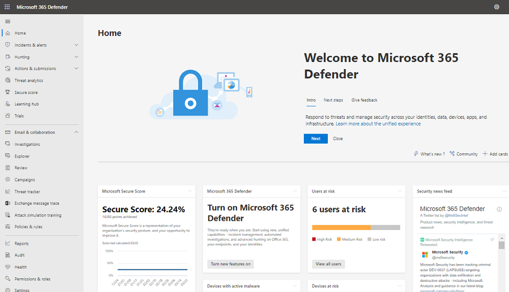Pagina di Microsoft 365 Defender.