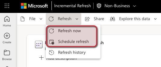 Screenshot in cui si trova il pulsante Pianifica aggiornamento all'interno di Power BI.