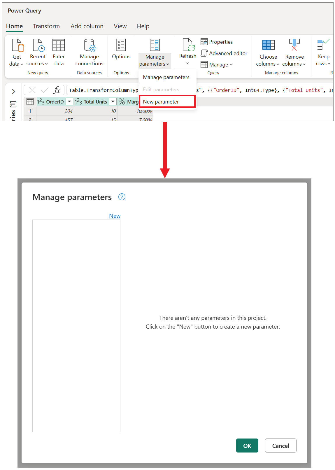 Screenshot del menu a discesa Gestisci parametri con Il nuovo parametro evidenziato e la finestra di dialogo Gestisci parametri.