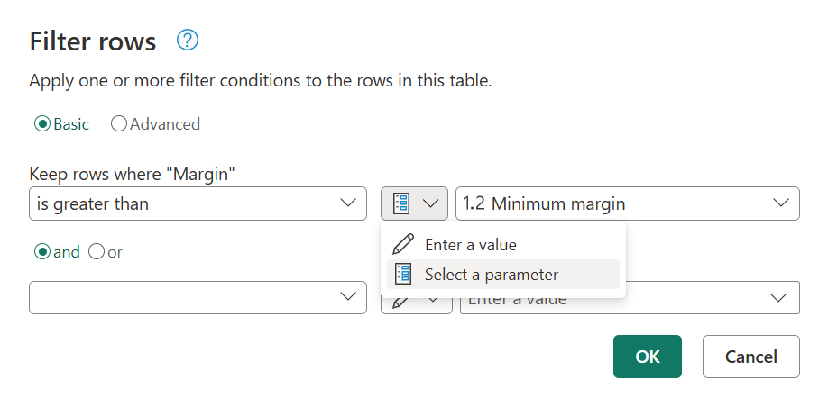 Screenshot della finestra di dialogo Filtra righe con l'opzione Seleziona un parametro impostata per l'argomento di trasformazione.