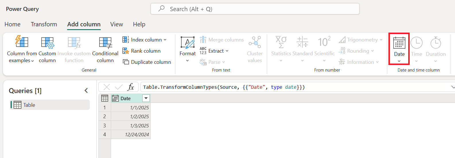 Screenshot della barra multifunzione di Power Query che illustra le opzioni specifiche del tipo nel menu Aggiungi colonna.
