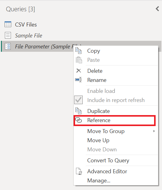 Screenshot con l'opzione Riferimento selezionata per il parametro file.