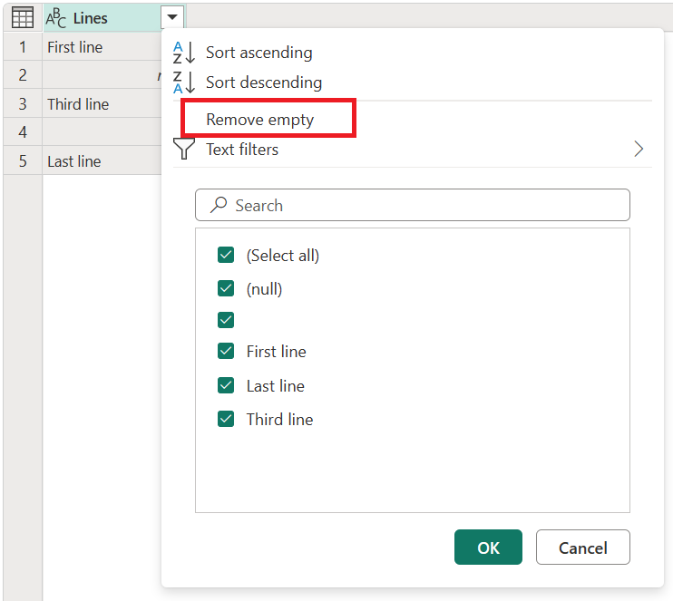 Screenshot della colonna Righe con l'opzione Rimuovi vuoti evidenziata.