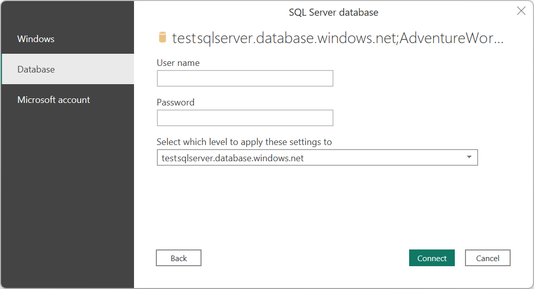 Schermata dei metodi di autenticazione del connettore di database di SQL Server.