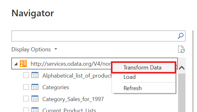 Screenshot del Navigator con i dati di trasformazione dal menu a discesa evidenziati.