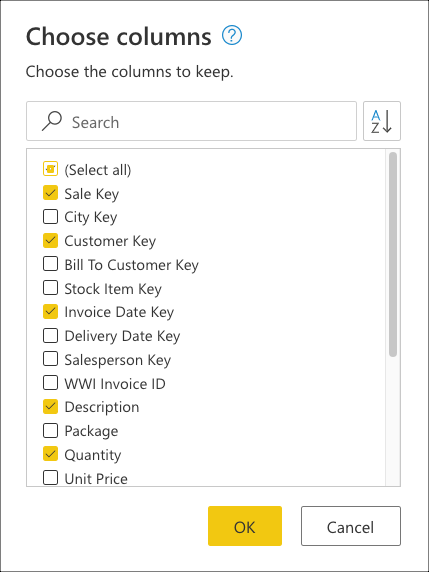 Screenshot del riquadro Scegli colonne in cui si selezionano le colonne `Sale Key`, `Customer Key`, `Invoice Date Key`, `Description` e `Quantity`.