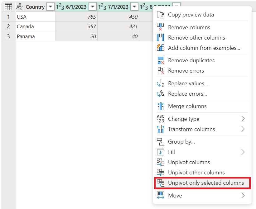 Screenshot della tabella con le colonne delle date selezionate e 