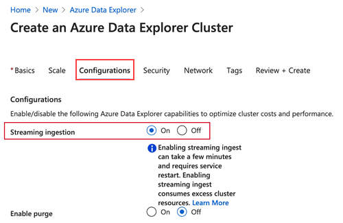 Abilitare l'inserimento in streaming durante la creazione di un cluster in Esplora dati di Azure.