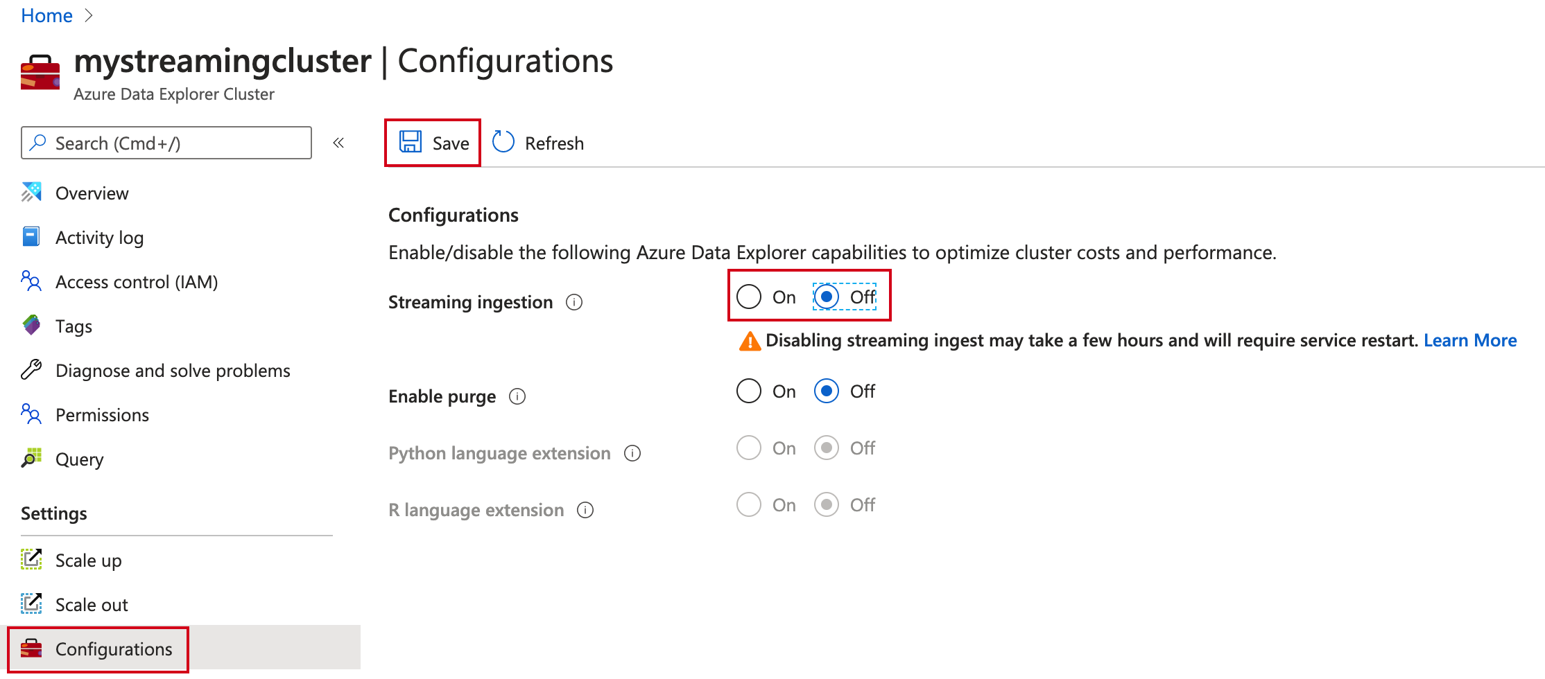 Disattivare l'inserimento di streaming in Esplora dati di Azure.
