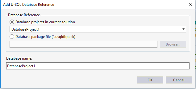 Procedura guidata per aggiungere riferimento al progetto di database in Strumenti Data Lake per Visual Studio