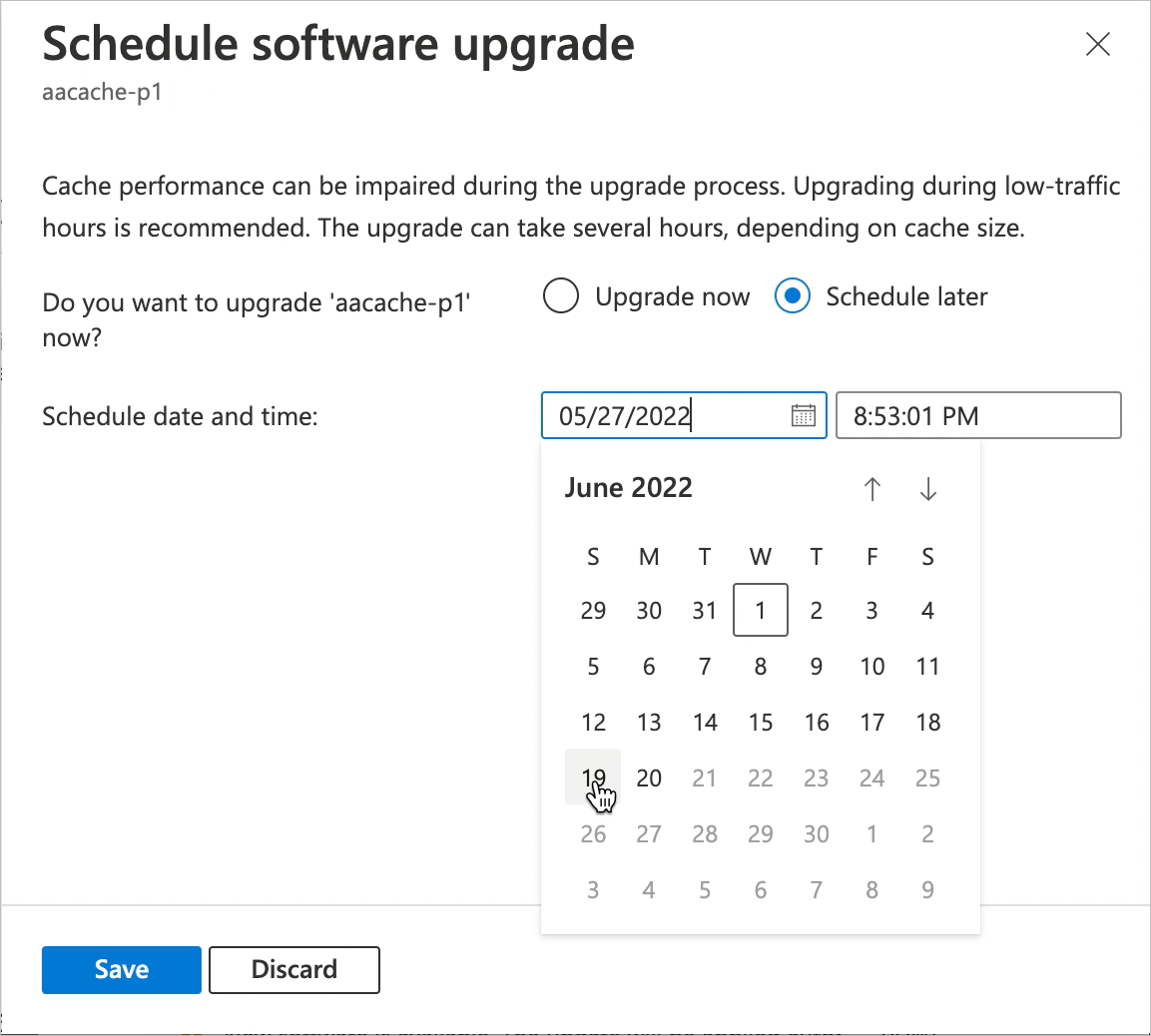 Screenshot del pannello Pianifica aggiornamento software che mostra i pulsanti di scelta con l'opzione 