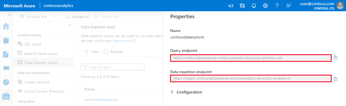 Screenshot del riquadro delle proprietà dei pool di Esplora dati, che mostra gli indirizzi URI di query e di inserimento dati.