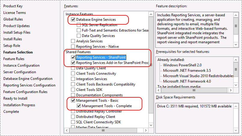 Selezione funzionalità SSRS per la modalità SharePoint