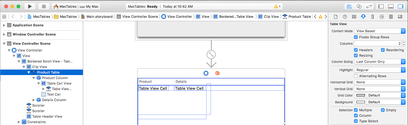 Screenshot che mostra Interface Builder in cui è possibile selezionare Multiple per consentire la selezione di più righe.