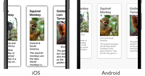 Area di visualizzazione carouselView inset Screenshot di un oggetto CollectionView con elementi adiacenti parzialmente visibili in iOS e Android