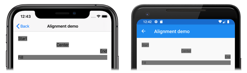 StackLayout con opzioni di allineamento Screenshot di un oggetto StackLayout con le opzioni di allineamento impostate