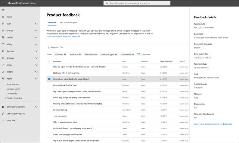 Feedback sul prodotto nel interfaccia di amministrazione di Microsoft 365.