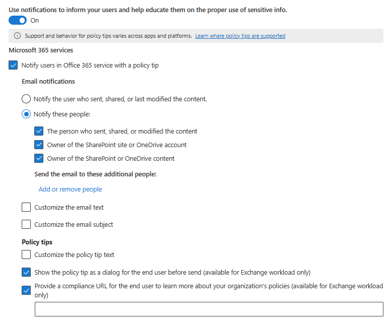 Screenshot dell'azione DLP per abilitare le notifiche all'utente.