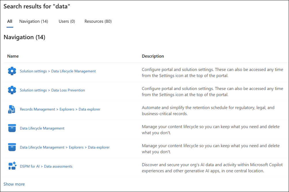 Screenshot dei risultati della ricerca del portale Microsoft Purview raggruppati per categorie di spostamento, utenti e risorse.