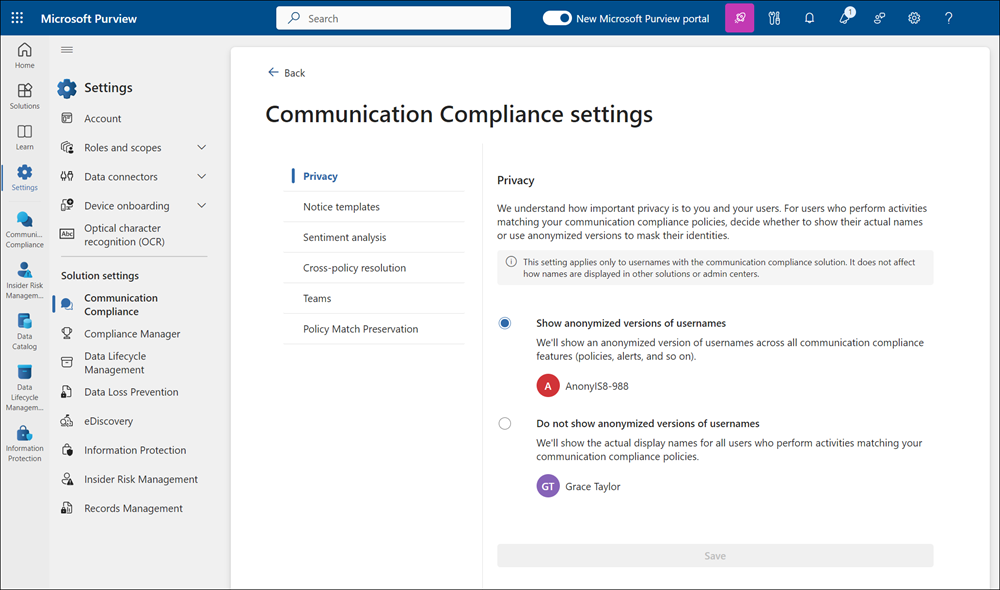 Screenshot della pagina delle impostazioni della soluzione del portale Microsoft Purview che mostra le opzioni di configurazione per una soluzione selezionata.