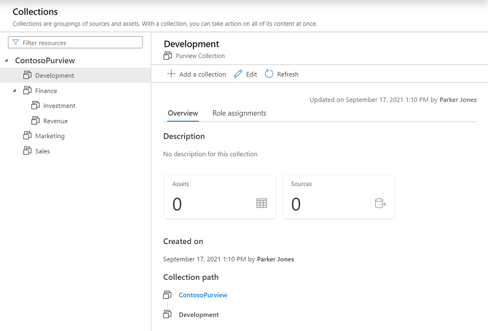 Screenshot della finestra classica del portale di governance di Microsoft Purview che mostra la finestra della raccolta appena creata.