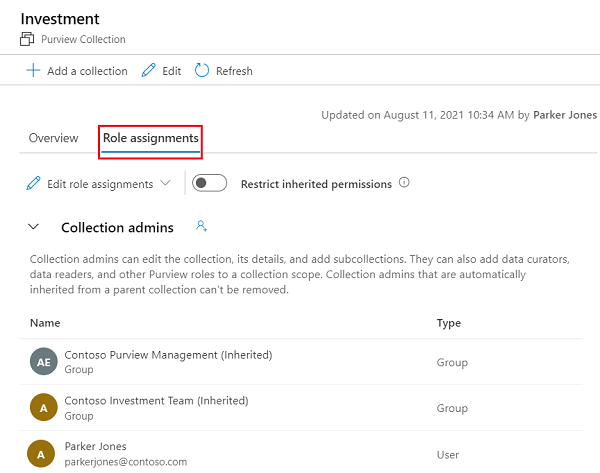 Screenshot della finestra di raccolta classica del portale di governance di Microsoft Purview, con la scheda assegnazioni di ruolo evidenziata.