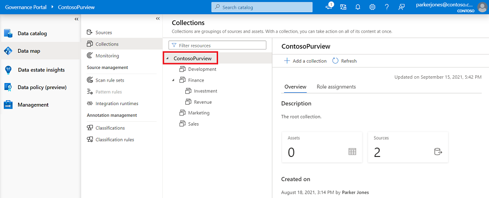 Screenshot della finestra classica del portale di governance di Microsoft Purview, aperta alla mappa dati, con la raccolta radice evidenziata.