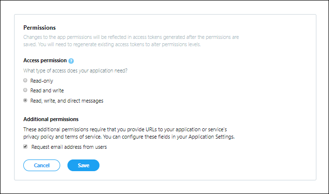 Screenshot della scheda Autorizzazioni dell'app Twitter con le autorizzazioni necessarie configurate.