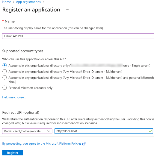 Screenshot che mostra una forma di registrazione dell'app.