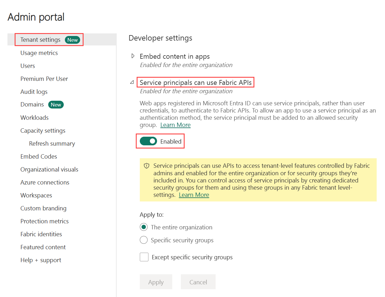 Screenshot che mostra l'opzione del tenant: l'utente del servizio può usare il tenant delle API pubbliche.