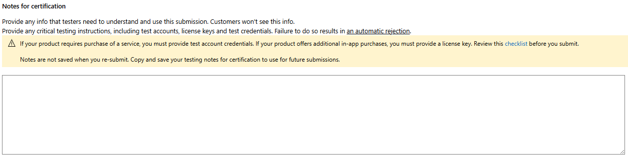 Schermata delle note per la certificazione.