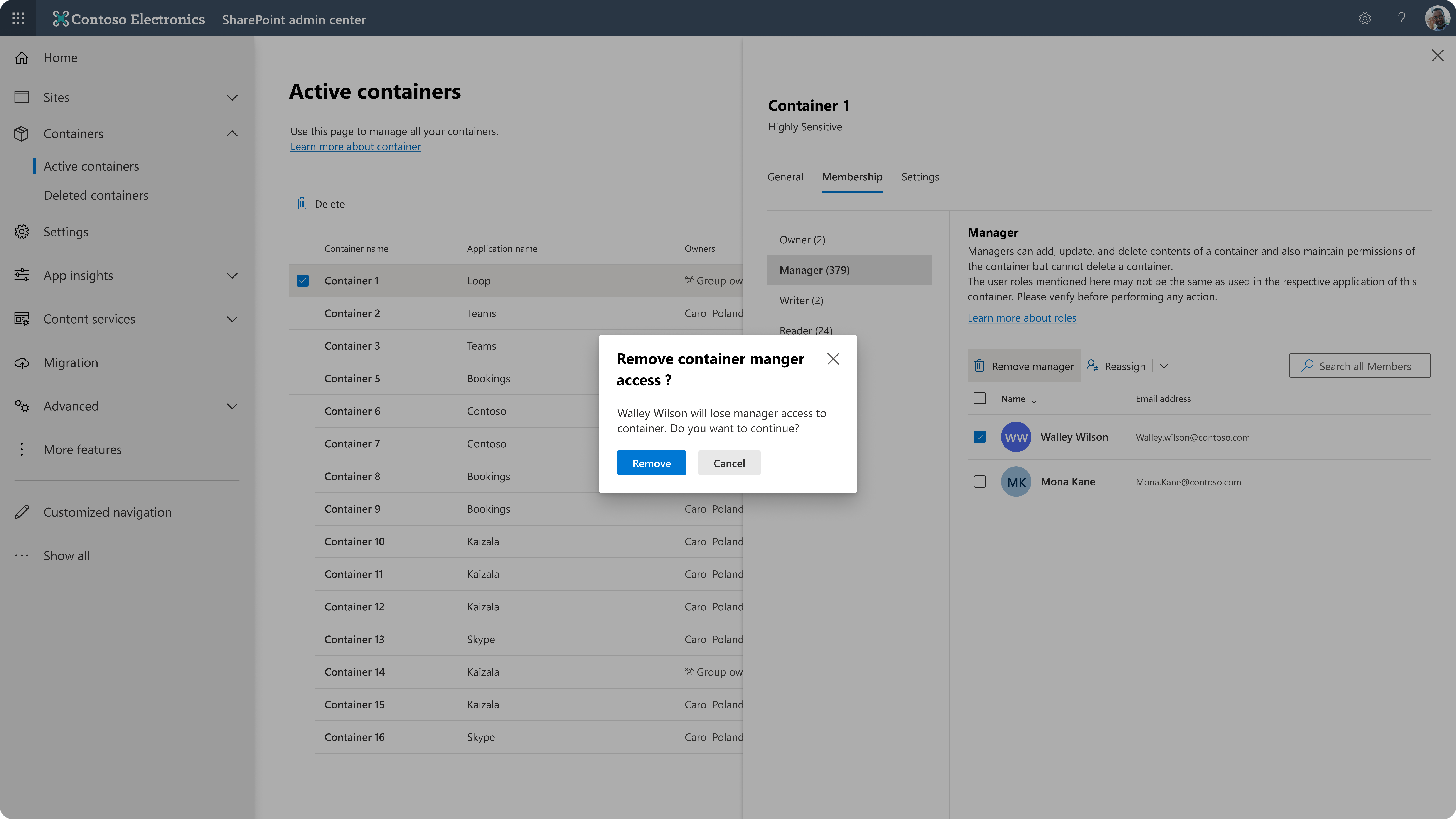 Remove control used to confirm removing a user from a container role.