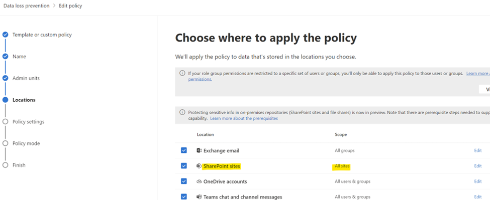 Microsoft Purview DLP policy configured for All sites to include all SharePoint sites and SharePoint Embedded containers.