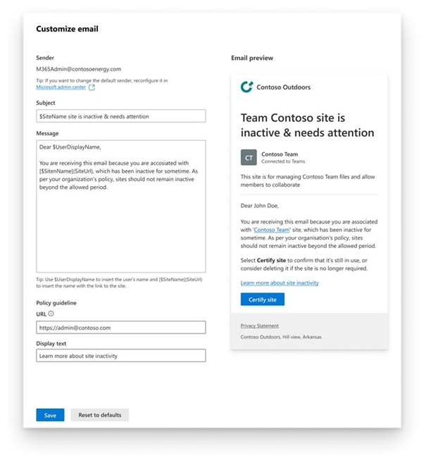Screenshot che mostra la finestra di personalizzazione della posta elettronica con campi per il mittente, l'oggetto, il messaggio, l'URL delle linee guida dei criteri e il testo della descrizione delle linee guida dei criteri.
