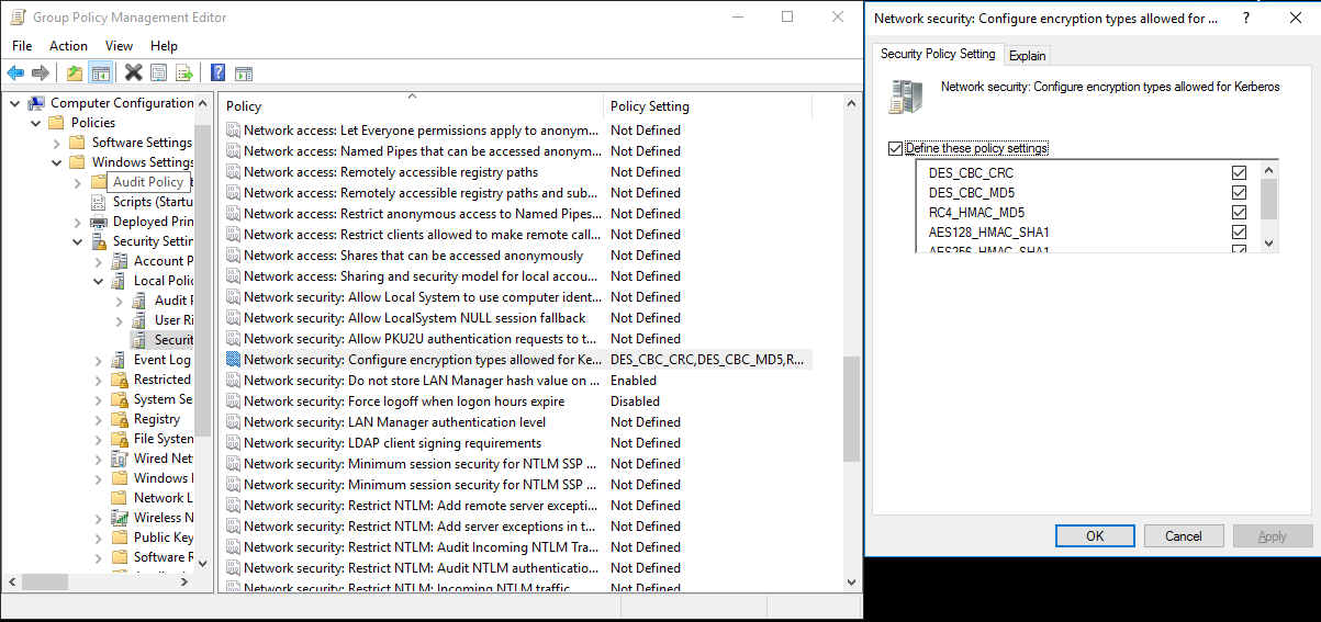 Screenshot dei tipi di crittografia per Kerberos