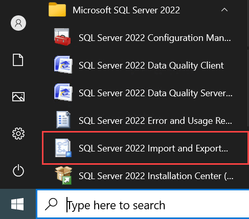 Screenshot del menu Start per trovare la procedura guidata di importazione ed esportazione.