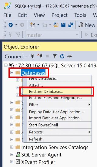 Screenshot che mostra le opzioni di menu di SSMS per il ripristino di un database.