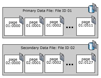 Diagramma che illustra le pagine dei file di dati nei file di dati primari e secondari.
