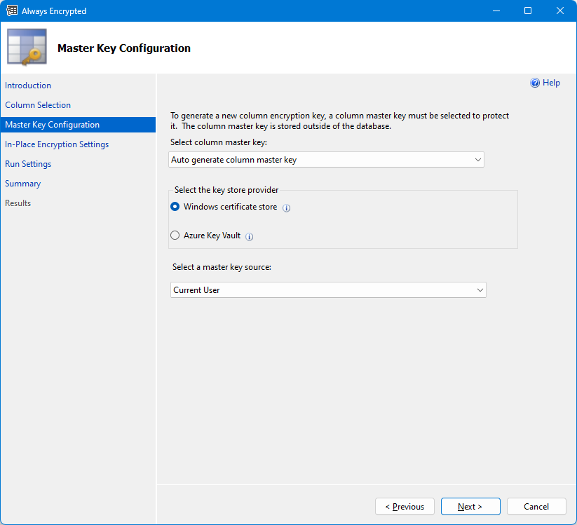 Schermata della selezione della chiave master nella procedura guidata Always Encrypted tramite l'archivio dei certificati.