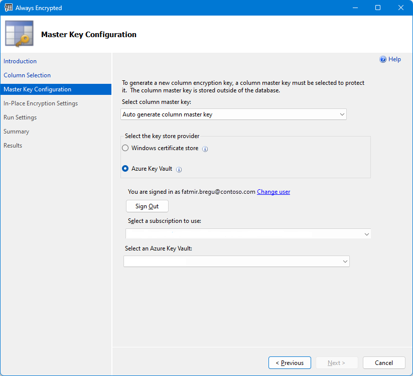 Schermata della selezione della chiave master della procedura guidata Always Encrypted tramite Azure Key Vault.