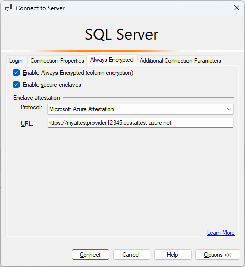 Screenshot di Connettersi al server con attestazione utilizzando SSMS.