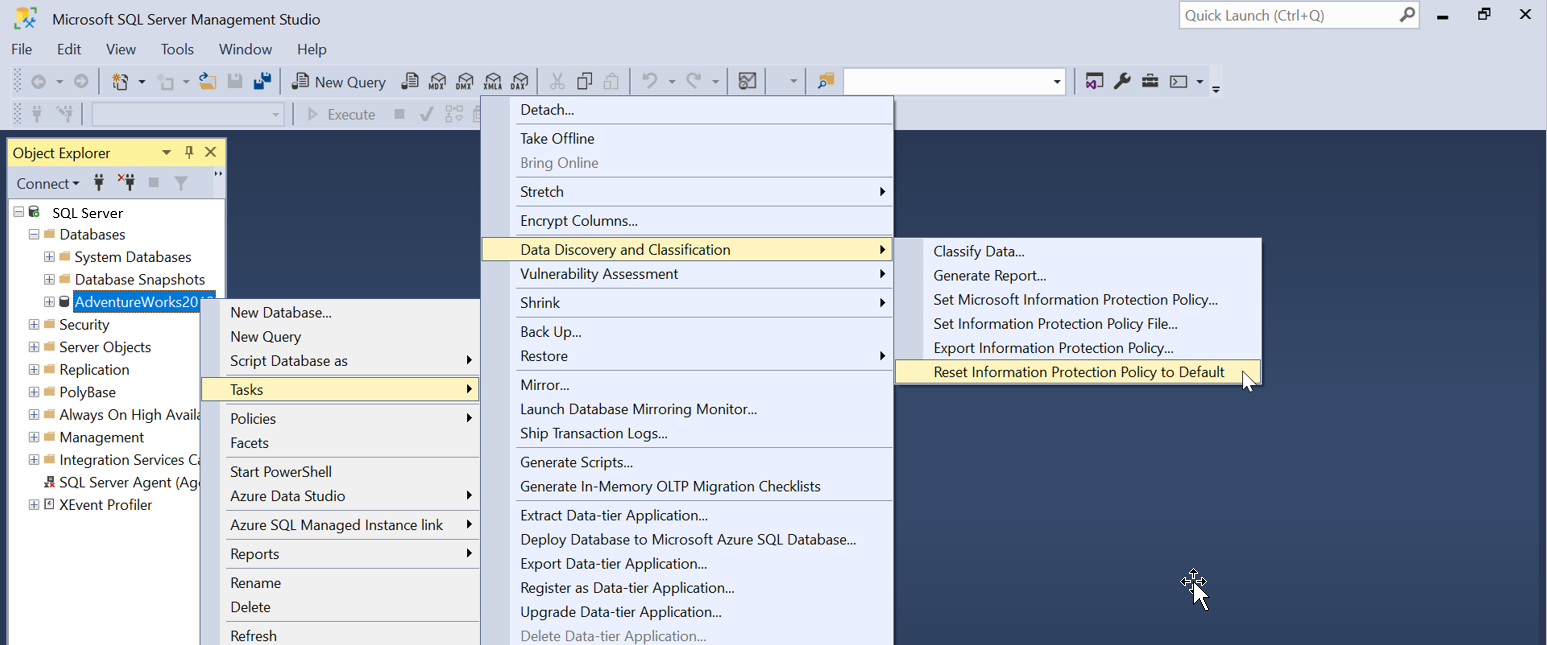 Screenshot della reimpostazione dei criteri di protezione delle informazioni in SSMS