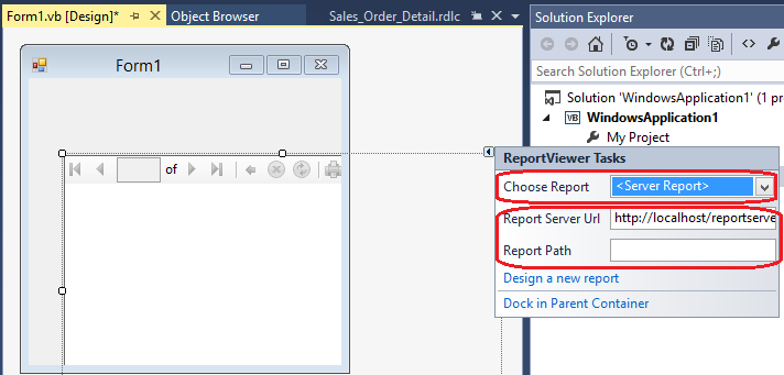 Screenshot dello smart tag ReportViewer Tasks, che evidenzia il report del server.