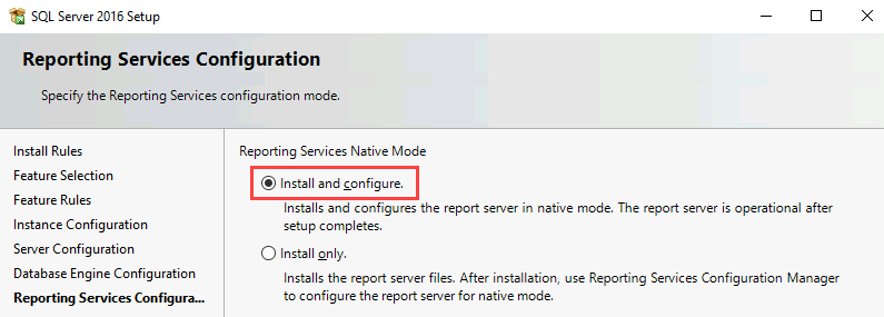 Screenshot della pagina Configurazione di Reporting Services. L'opzione Installa e configura è selezionata ed evidenziata.