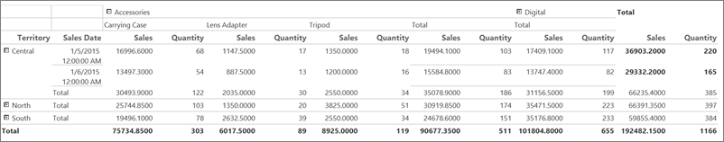 Screenshot che mostra un report matrice espanso in Generatore di report.