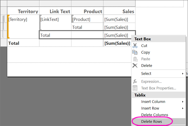 Screenshot che mostra come eliminare righe da un report di Report Builder.