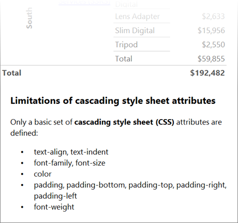 Screenshot che mostra testo formattato in un report creato con Report Builder.