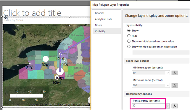 Screenshot che mostra come impostare la trasparenza di un livello della mappa di Report Builder.